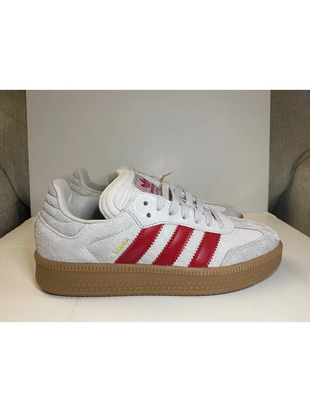 Adidas Samba XLG JS3826 Mens Sneakers US 9 Gray Scarlet Gum Suede Athletic Shoes